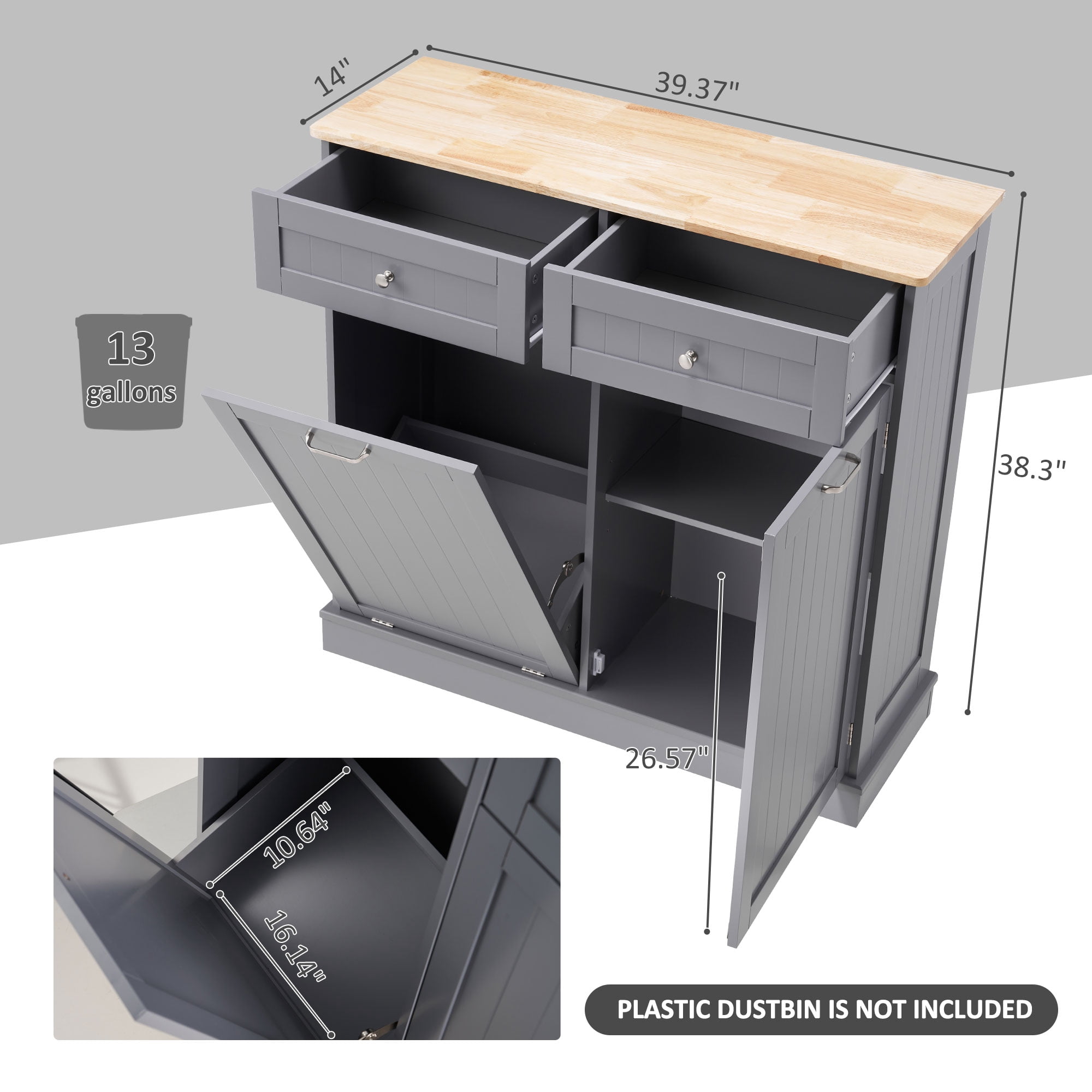 HARIPUL Single Tilt Out Trash Cabinet 13 Gallon Waste Bins Hidden Trash Bin w/ Hiddles for Kitchen, Gray