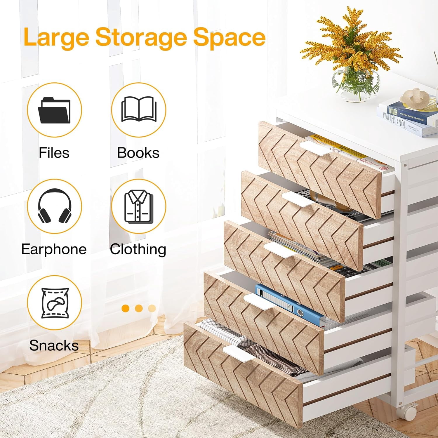 PurelyGoods Drawer Unit, Industrial Office Cabinet with Drawers & Wheels, Rolling Printer Stand for Home Office, Beige & White