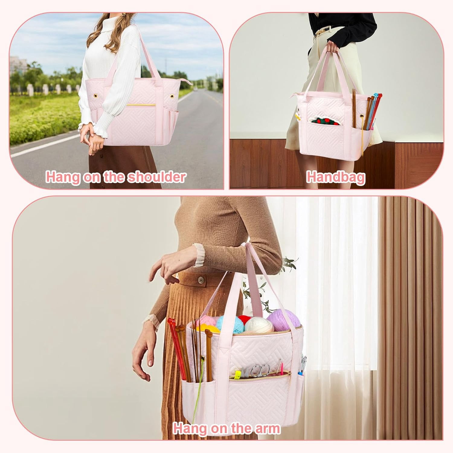 Crochet Bag Organizer for Yarn Storage, Velvet Knitting Tote Bag with Double Handle for Crochet Accessories, Portable Travel Case for Yarn Balls, Crochet Hooks& Knitting Needles Holder (Pink)