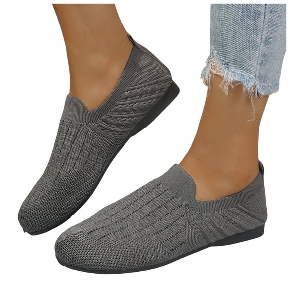 Knitted Loafers for Women Wide Width Round Toe Breathable Slip on Flat Shoes Comfy Soft Sole Nonslip Walking Shoes Grey Size 9