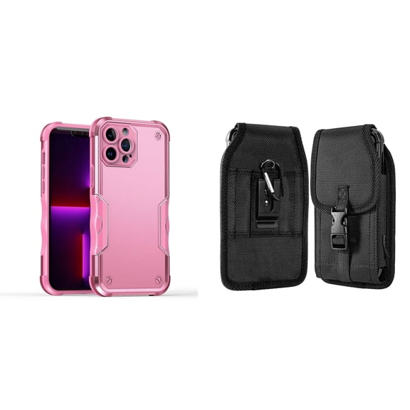 Case with Belt Holster Bundle for iPhone 14 Pro Max: Slim EX Hybrid Series Shockproof Case (Pink) and Vertical Nylon Buckle Phone Pouch