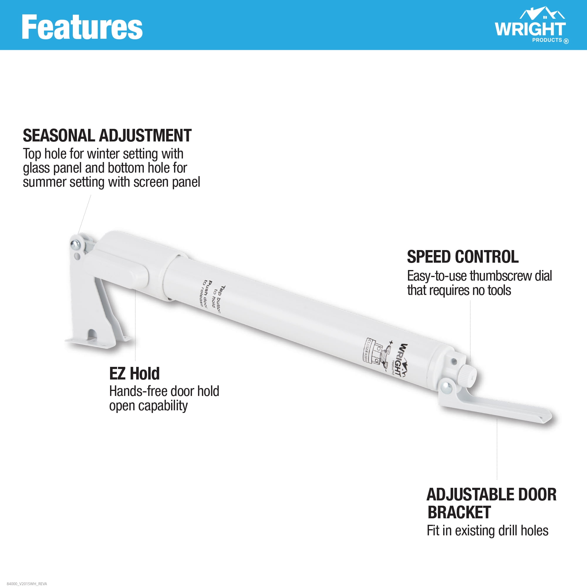 Wright Products Standard Duty E-Z Hold Pneumatic Screen and Storm Door Closer, White