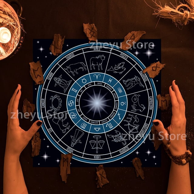 Mantel de Tarot de horóscopo azul para decoración del hogar, mantel de tela de Altar, reloj pagano, péndulo, brujería, oráculo, regalo para habitación, 85x85, 2023 qym unisex