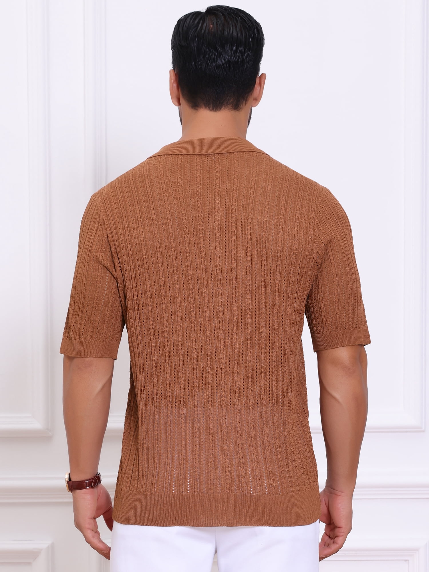 DARING DIVA Men's Striped Summer Short Sleeve Knitted See Through Shirts 2XL Brown