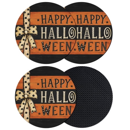 Happy Halloween Coasters Set of 4 Absorbent Coasters for Drinks Orange Black Wooden Bow Coaster for Desk Coffee Table Protection Home Decor House Warming Gifts 4