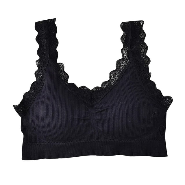 Xfvqtps Wireless Bras for Women No Underwire Rib Lace Removable Padded Bras for Everyday Black