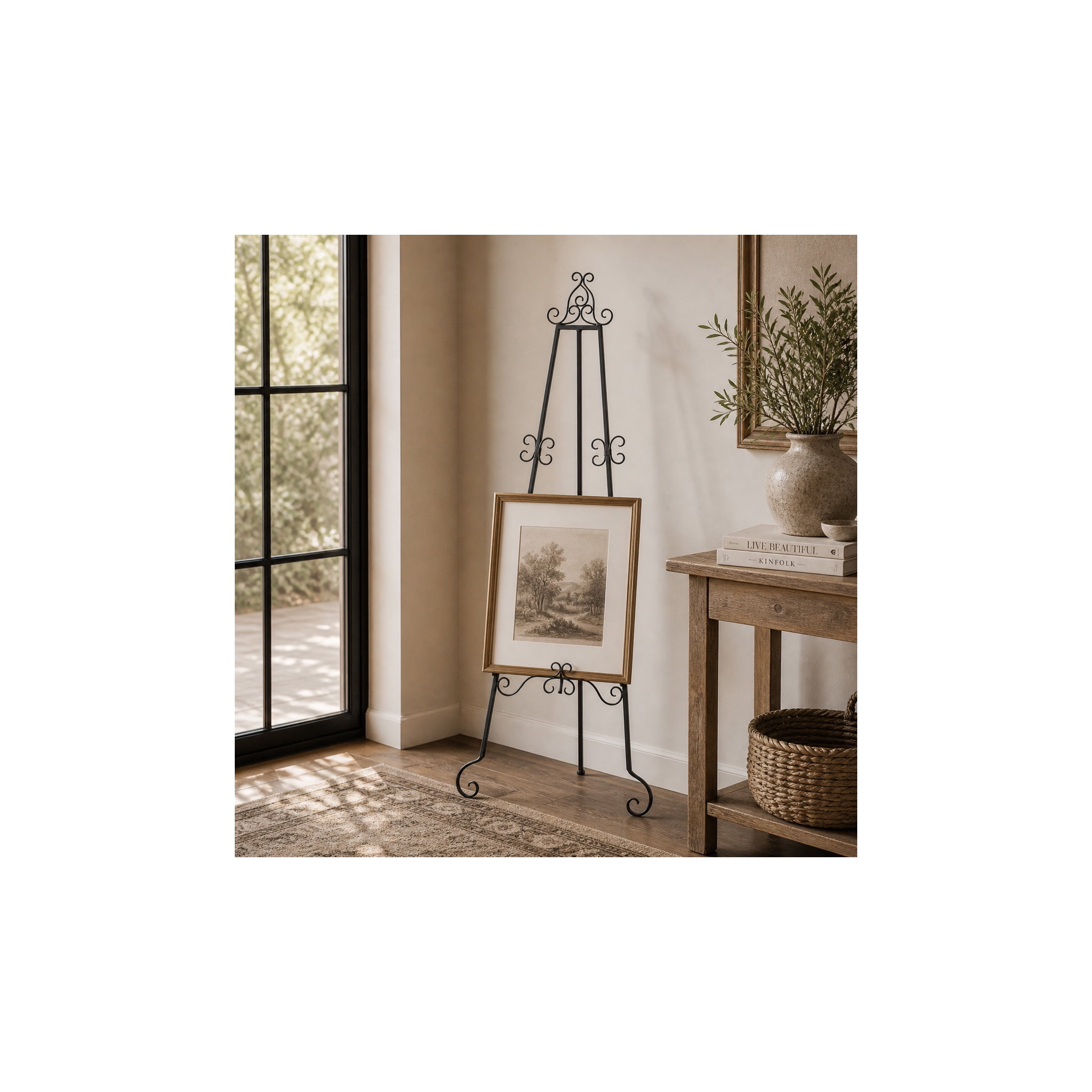 DecMode 25" x 70" Black Metal Tall Adjustable Floor 3 Tier Scroll Easel, 1-Piece
