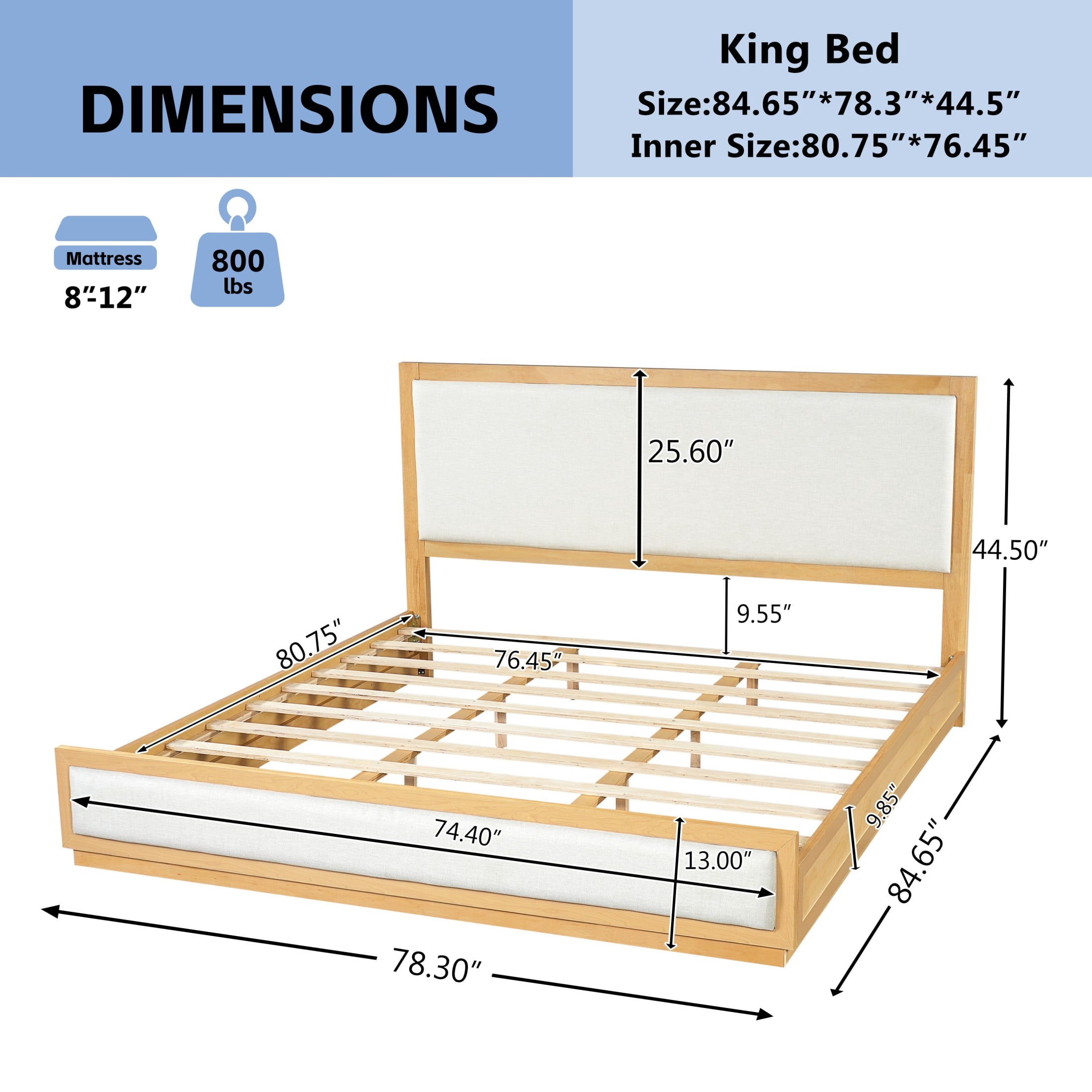 Christopher Knight Home Modern King Upholstered Bed Frame with Wood Slat Support, Natural+Light Gray