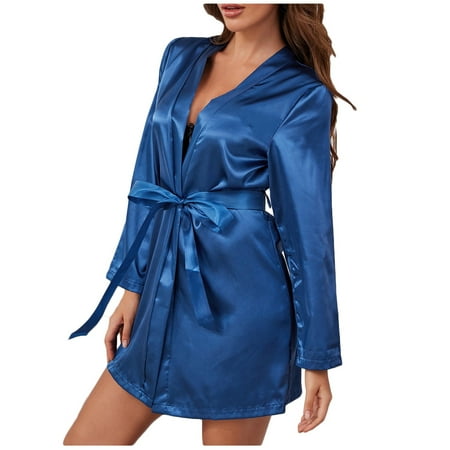 

KDDYLITQ Silky Satin Bridesmaid Robe Robes for Women Kimono Long Sleeve Sleepwear Bride Party Short Bathrobe Loungewear Blue M