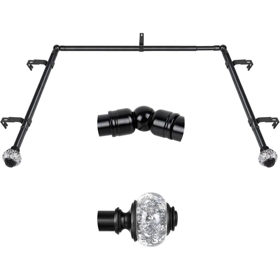 3/4 Inch Bay Window Curtain Rods, Telescoping Black Curtain Rods for Bay Windows 36-72 Inch (Center Rod), 20-36 Inch (Side Rods), Translucent Finials