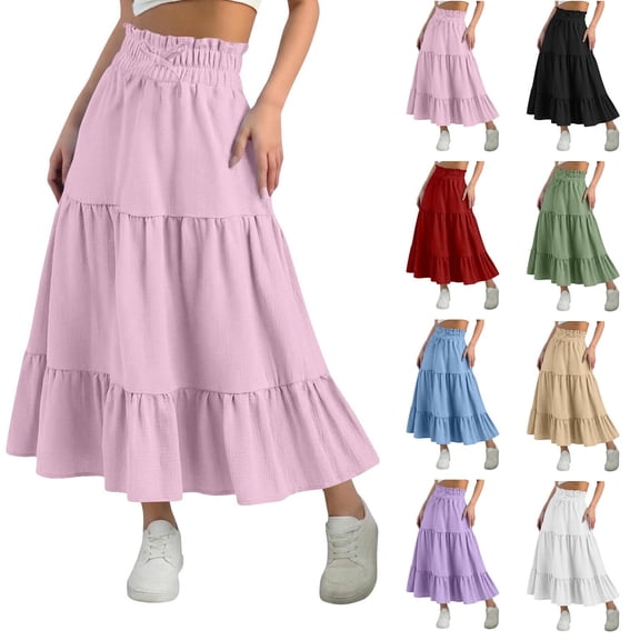 Girls Multilevel Pleated Skirts Casual Elastic Waist A Line Ruffle Hem Midi Skirt Kids Loose Comfy Solid Color Big Swing Skirts