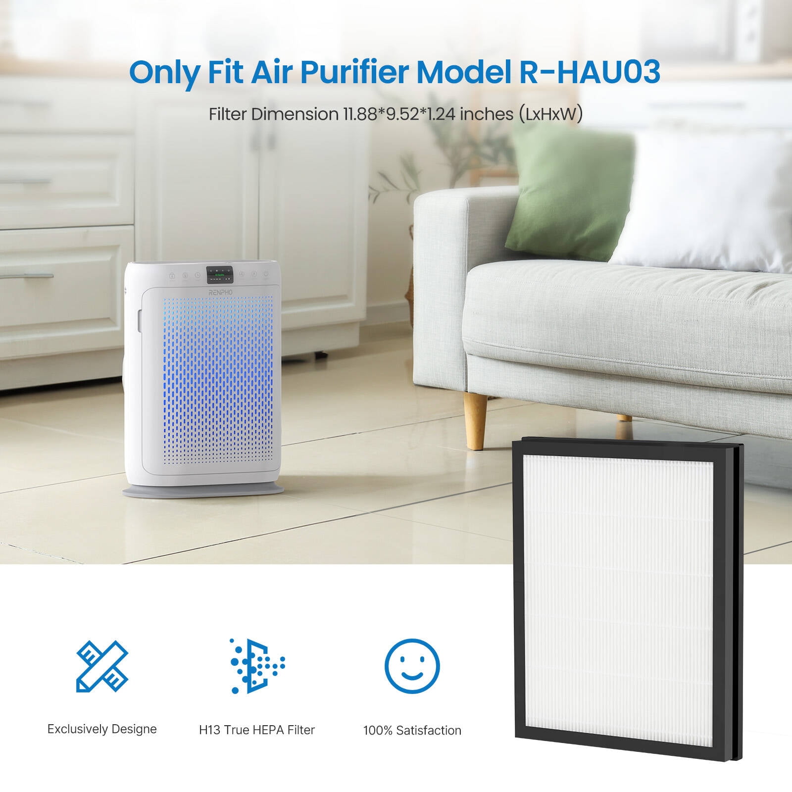 RENPHO H13 True HEPA Replacement Air Filter for R-HAU03, 3-Stage Filtration System, Pre-Filter, HEPA Air Filter, Net Filter, Especially for Pets Hair, Smoke, Allergies, Odors, Dust, R-HAU03-WH