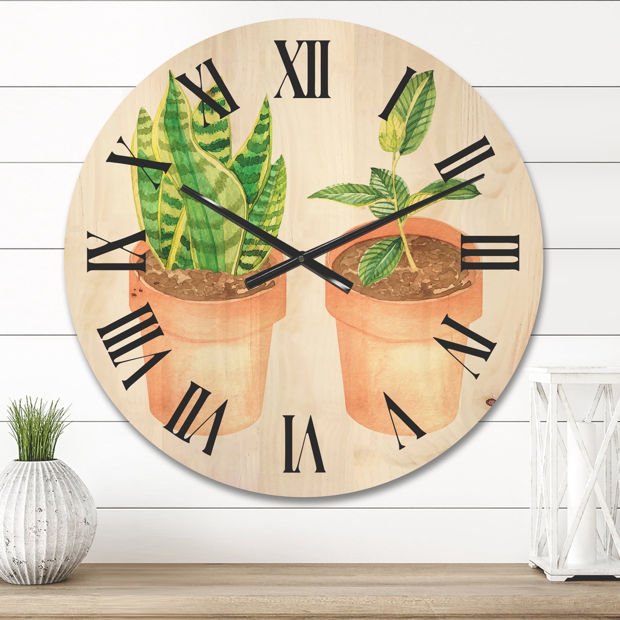 Designart 'Ficus and Sansevieria Indoor Green Home House Plants' Traditional Wood Wall Clock