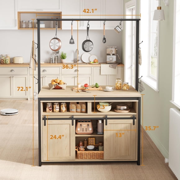 TROPOW Îlot de Cuisine de 42 Pouces avec Porte de Grange Coulissante, Îlot de Table Armoire de Cuisine avec 2 Crochets Latéraux, Étagères à 3 Niveaux, Rangement de Salle à Manger Multifonction pour Salon 41.2"x24.6"x72.1 Pouces