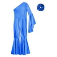 thumbnail image 6 of YONGHS Girls Shiny Metallic One Shoulder Flare Sleeve Wide Leg Bell Bottom Gymnastics Jumpsuit Royal Blue-A 6, 6 of 7