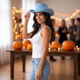thumbnail image 6 of Halloween Classic Western Wide Brim Felt Cowboy Hat, Halloween Costume Accessory, Versatile Headwear for Western Themed Party, Role Play and Festive Gathering Blue, 6 of 8