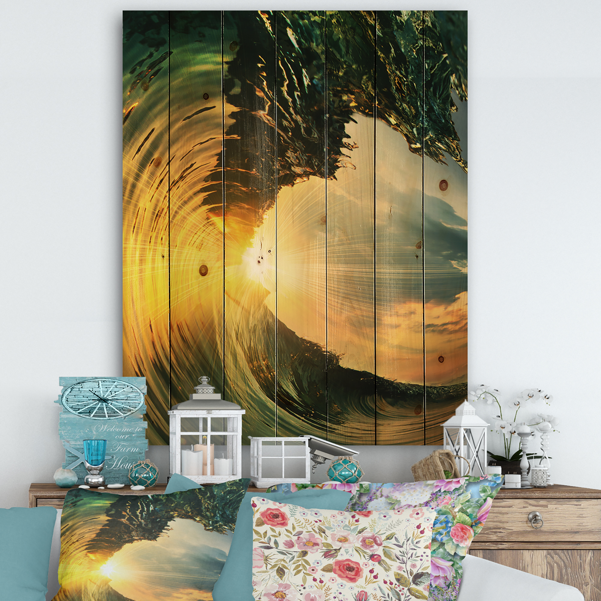 Designart 'Colored Ocean Waves Falling Down At Sunset VII' Modern Seashore Print on Natural Pine Wood