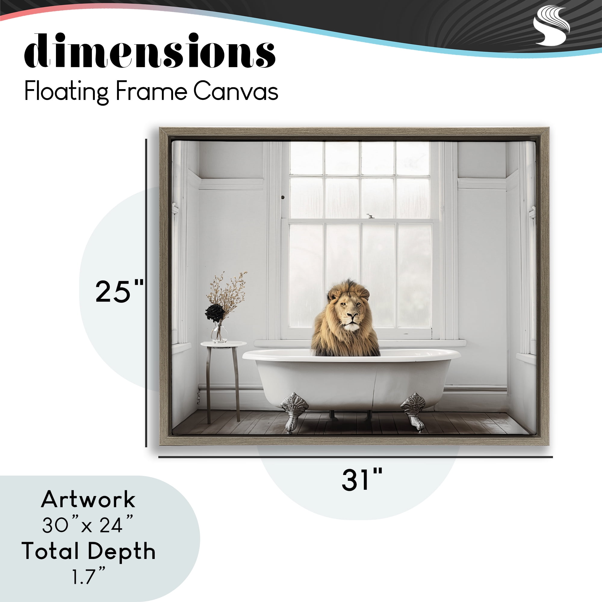 Minimalist Lion Bathtime Brown Framed Floater Canvas Wall Art, design by Sasha