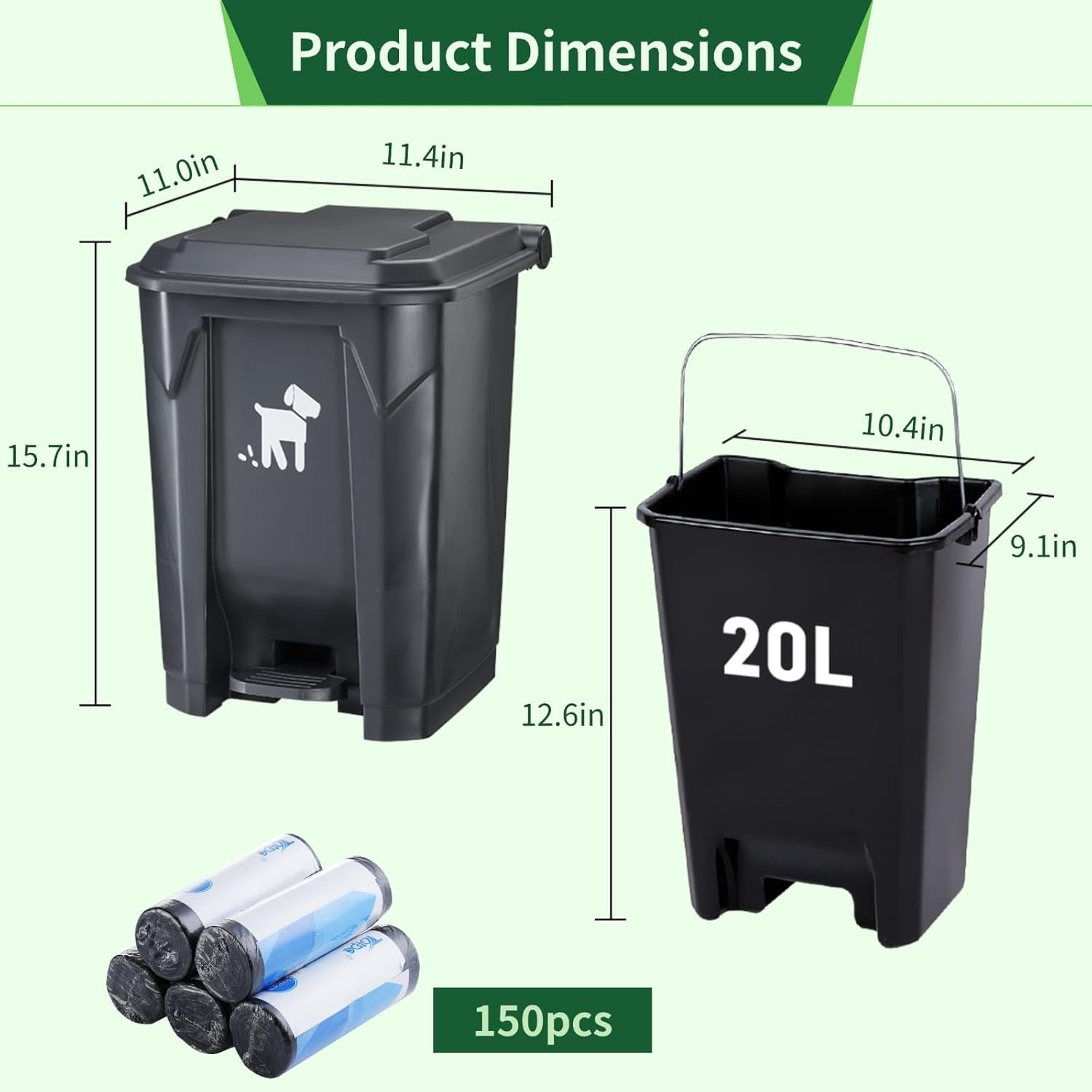 Dog Poop Trash Can Outside, 20L Pet Waste Container with Removable Inner Waste Bin, 150 Waste Bags, Outdoor Pet Poop Trash Bin for Small/Large Dog Families