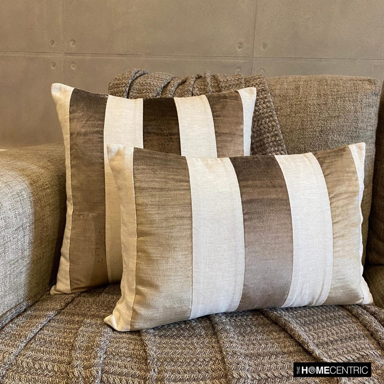 The HomeCentric Decorative Beige Pack of 2, 12"x14" (30x35 cm) Lumbar Pillow Cover, Velvet & Linen Patchwork Oblong Pillow, Striped Pattern Modern Style - Swathe Beige