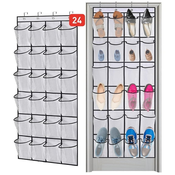 YOLETO Heavy Duty Over Door Shoe Organizer, 24-Pocket Space Saver with Locking Hooks & Breathable Mesh, for Closet Bedroom Apartment Dorm - White