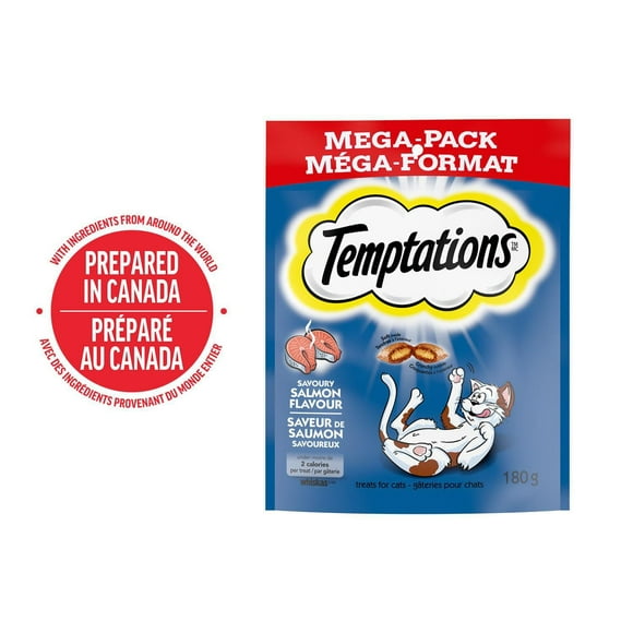 Gâteries pour chats Temptations saveur de saumon savoureux, tendres à l'intérieur, croquantes à l'extérieur 180 g