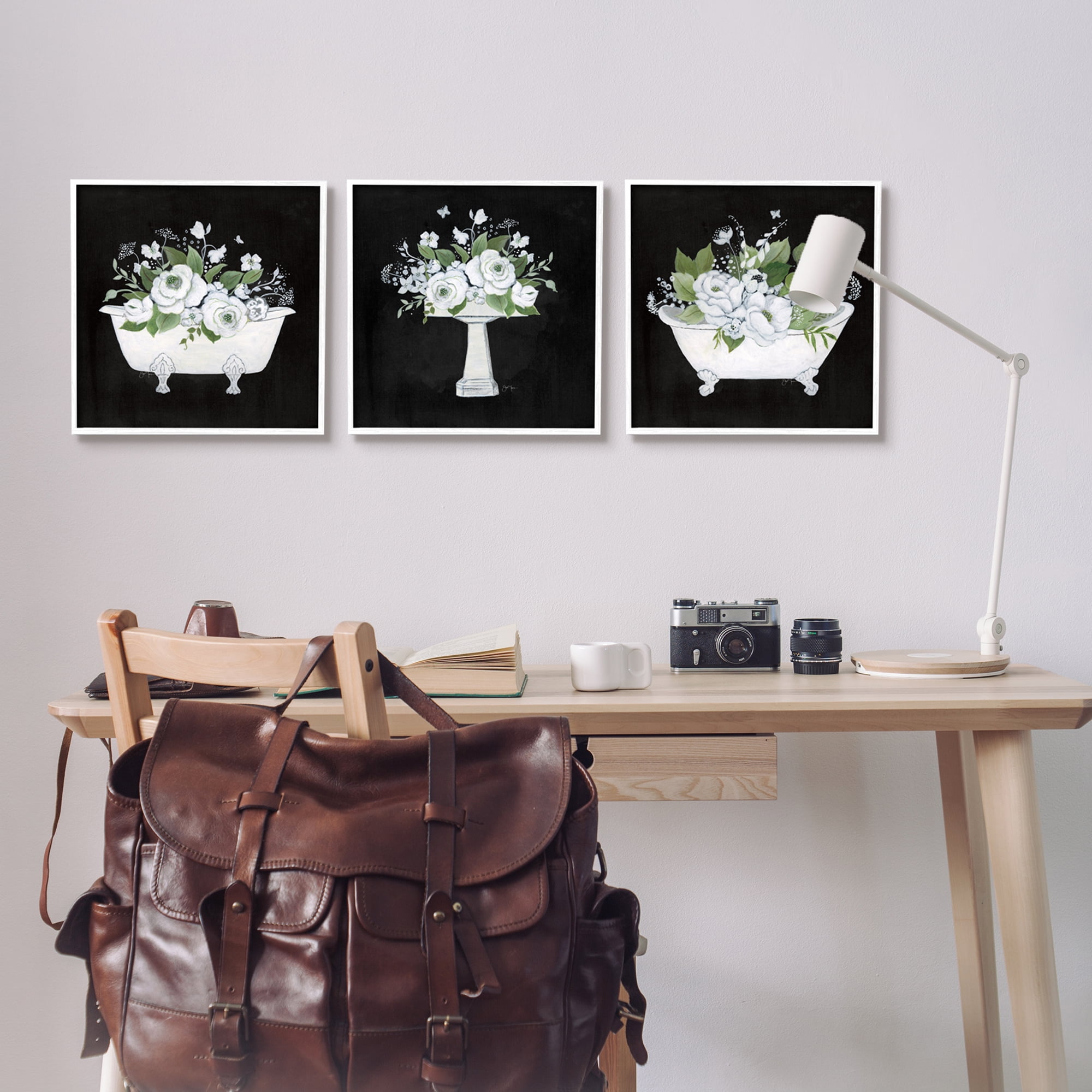 Stupell Industries Rustic Bathroom Florals Botanical & Floral Painting White Framed Art Print Wall Art, 17 x 17, Set of 3