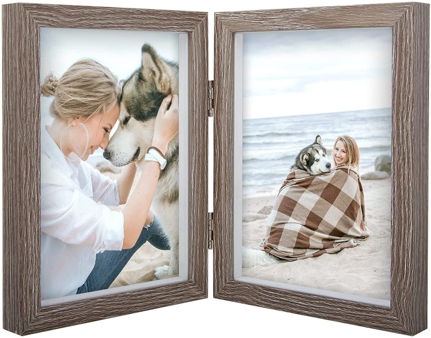 Double Picture Frame 5x7 Vertical Rustic Wooden Hinged Desktop Photo Frames 