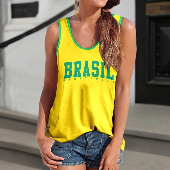Trendfront Womens Brasil Letter Tank Tops Scoop Neck Sleeveless Country Pride Soccer Fan Summer Casual Athletic Tops