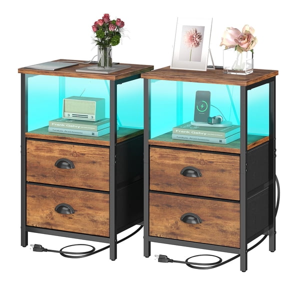 Set de mesitas de noche Sthmec Rustic Brown Industrial con luz LED