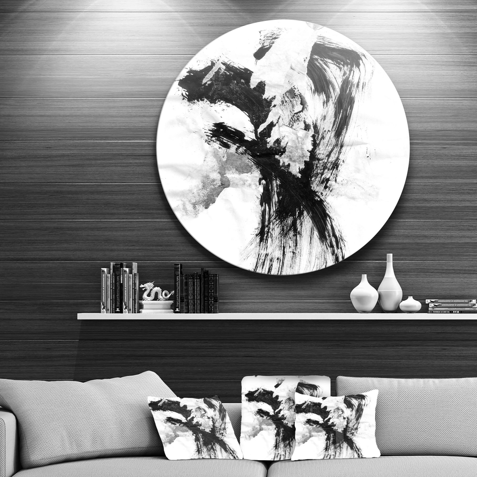 Black Paint Stain Disc 23.00" x 23.00" Painting Art Prints, by Designart