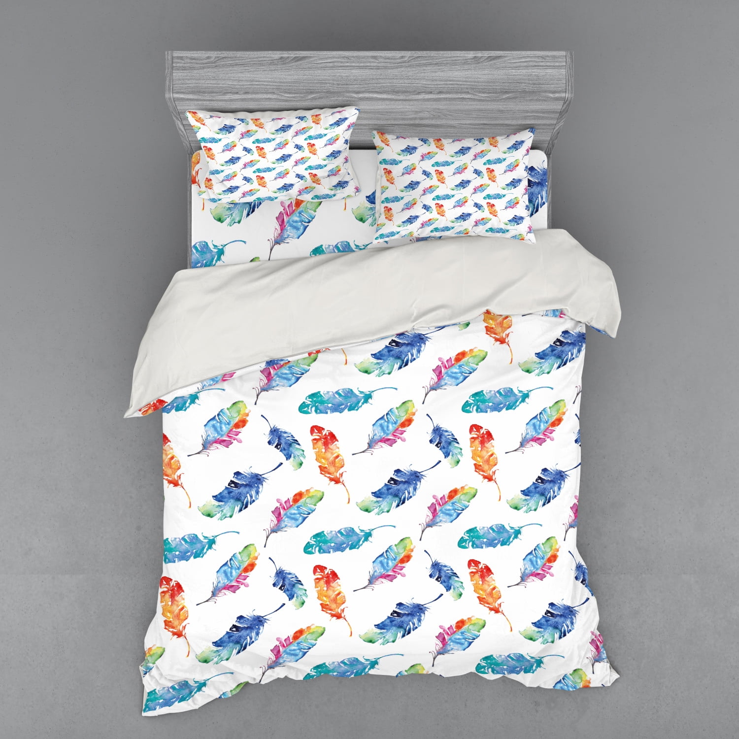 Feather Duvet Cover Set, Watercolor Bird Feathers with Soft Color Palette Inspirations Print