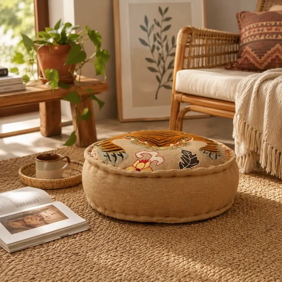 Expobazaar Decorative Printed & Embroidered Multicolor Floor Pouf | 24x8 Inches