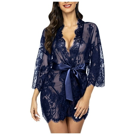 Yuhangmm Women s Long Sleeve Lace Belt Sexy Lingerie Pajamas Sleepwear Sheer Lingerie Dress for Women