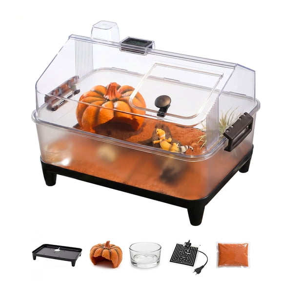 Acrylic Small Animal Cage Starter Kit – Secure Lid, Heating Pad, Hygrometer, Bowl, Hide, Sand – Habitat Enclosure for Tarantulas, Lizards, Frogs, Spiders, Hermit Crabs – Size: 32×20×24CM