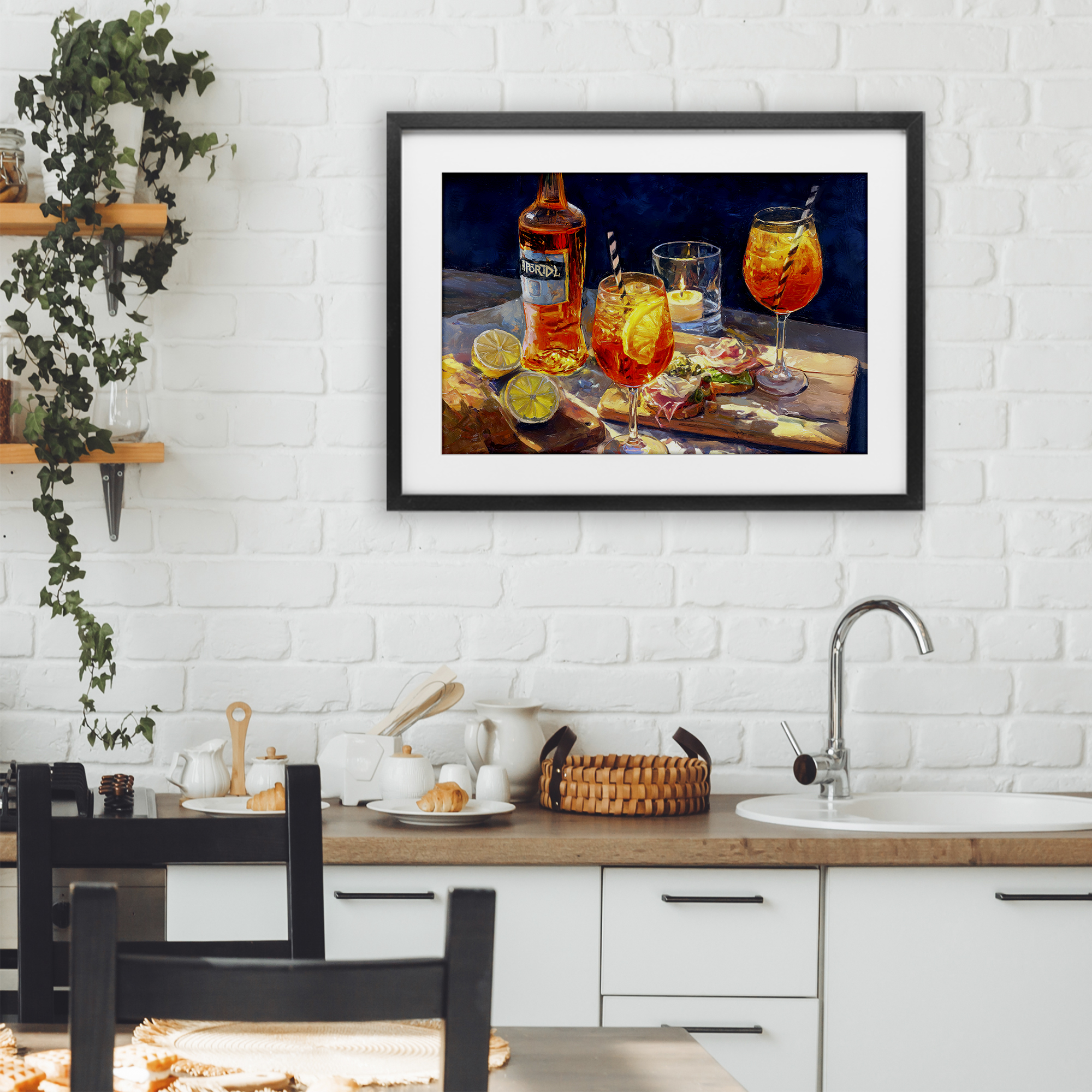 Sprits Table Still Life Black Framed Print Under Glass, design by Ziwei Li