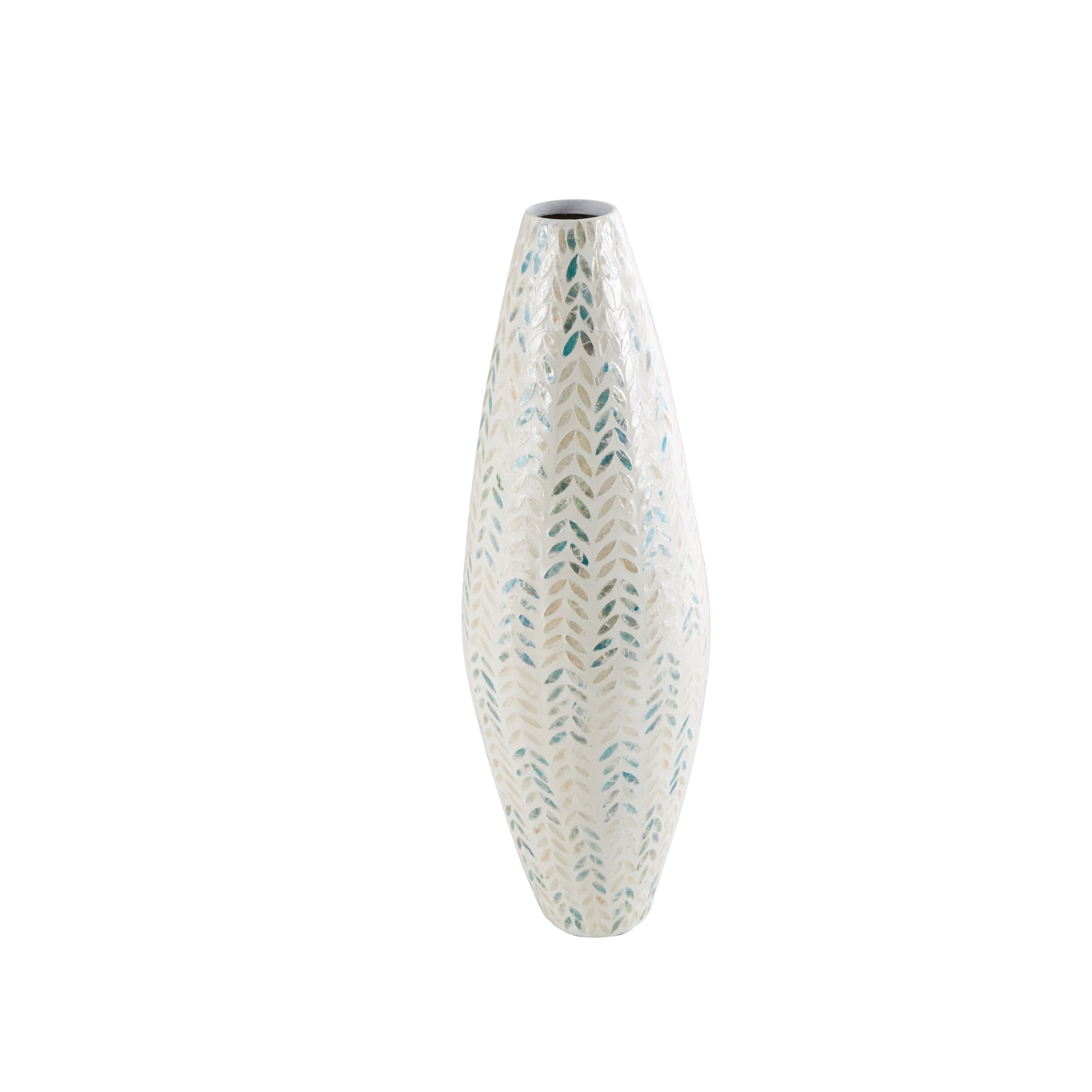 DecMode 33" Leaf Handmade Tall Mosaic Cream Mother of Pearl Shell Vase with Blue Accents