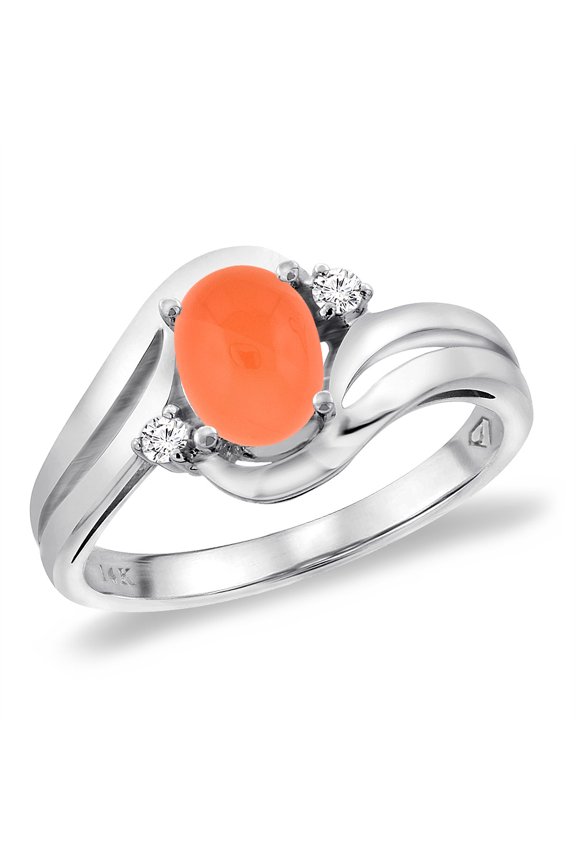 14K White Gold Diamond Natural Orange Moonstone Bypass Engagement Ring Oval 8x6 mm, size 7.5