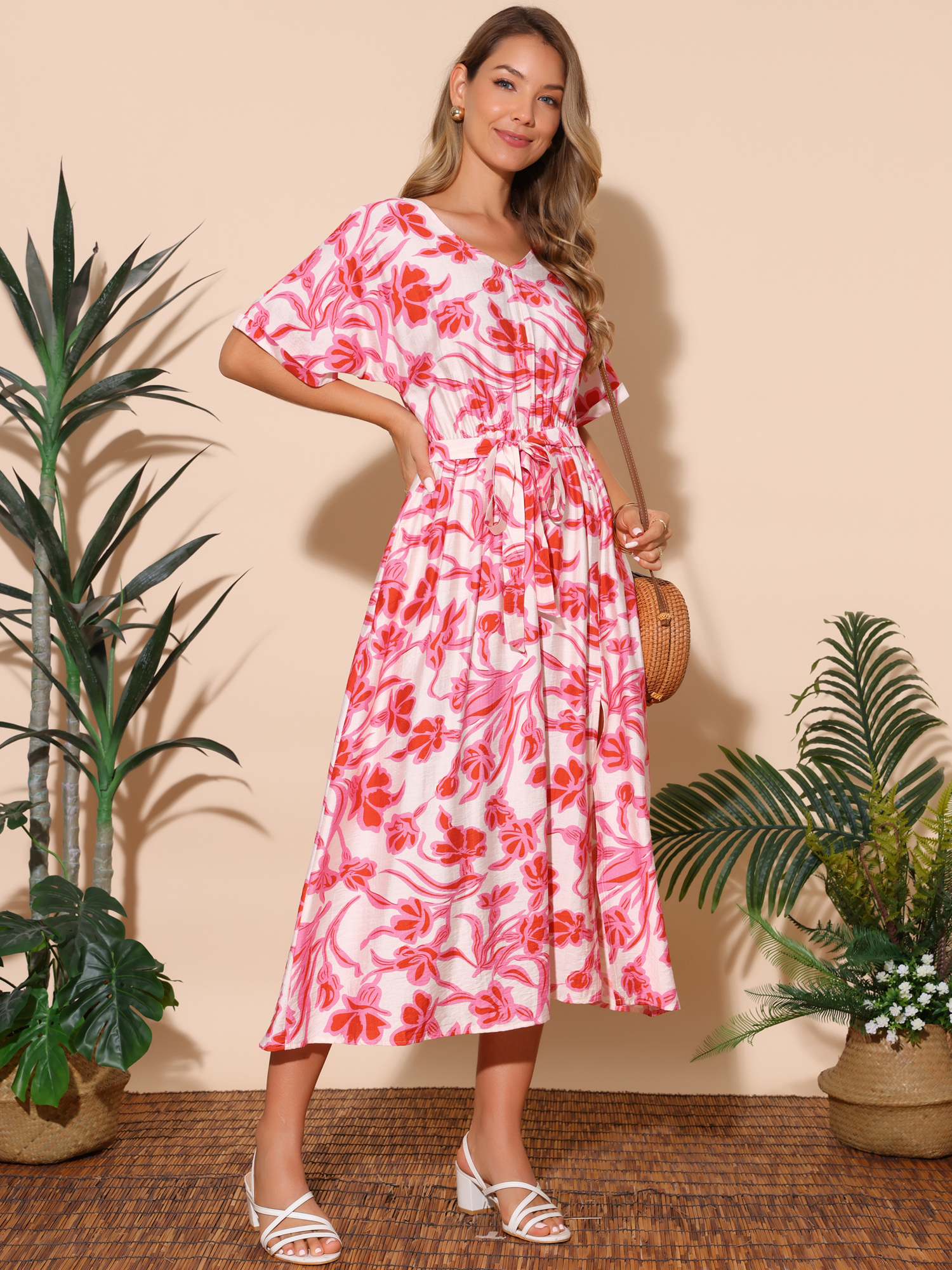 DARING DIVA Loose Boho V Neck Short Sleeve Tie Waist Floral Maxi Dress L Pink