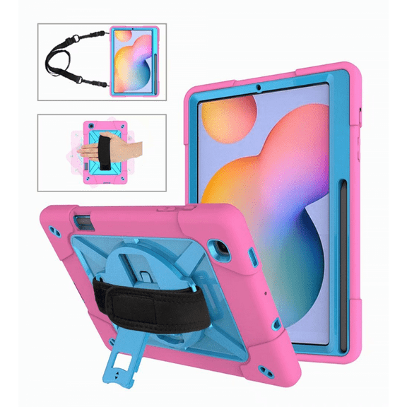 For Galaxy Tab A7 10.4" 2020/SM-T500/T505/T507 with Built-in Screen Protector and 360 Degree Swivel Stand and Hand and Shoulder Strap Case for Samsung Tab A7 10.4" - Pink