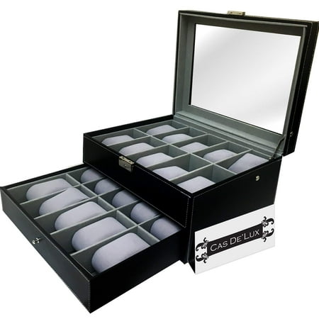 Watch Box Organizer Pillow Case - 12 Slot Luxury Premium Display Cases With Framed PlexiGlass Lid Elegant Contrast Stitching Sturdy With Lock for Men and Women Watch & Jewelry Large Holder Boxes