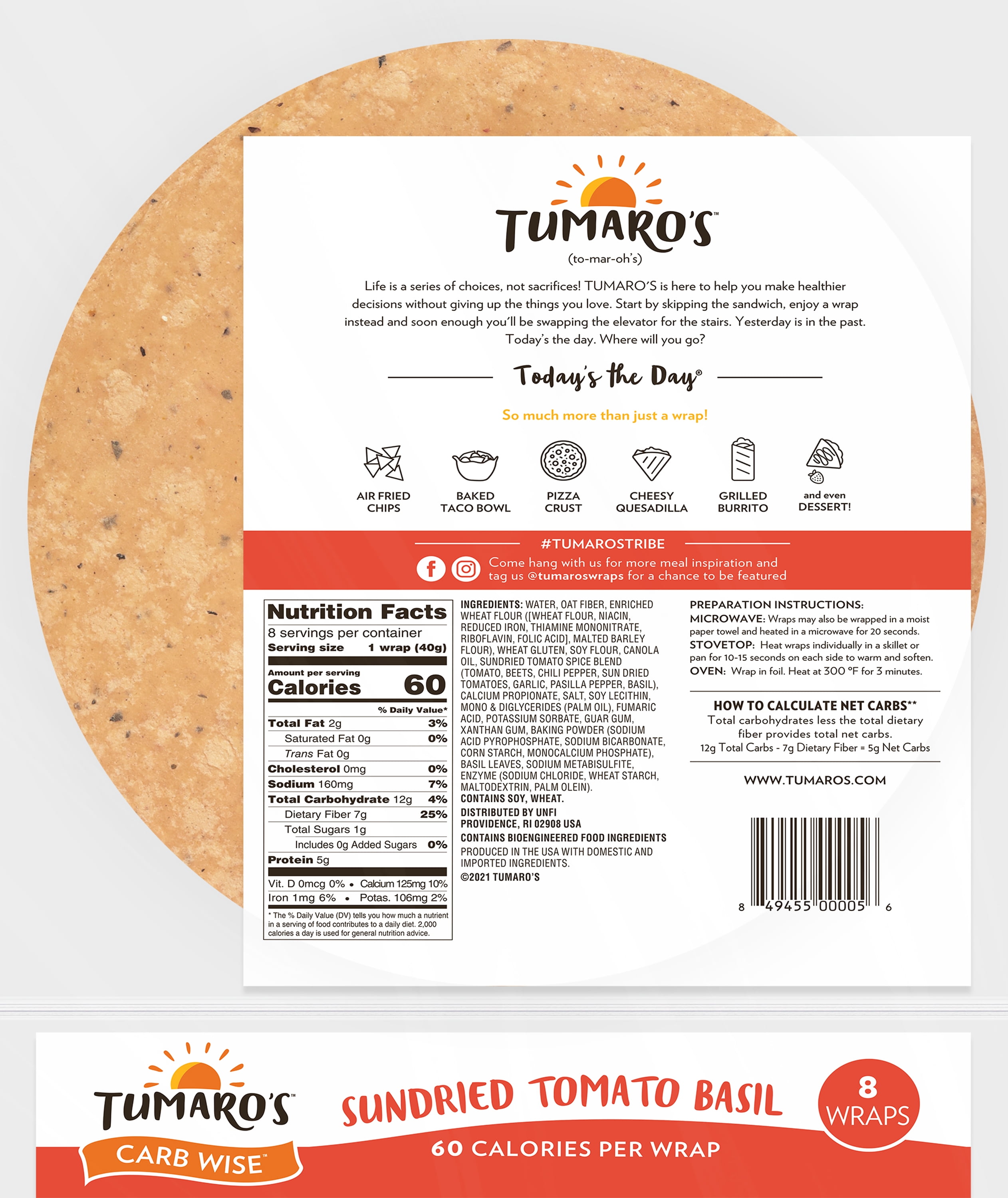 Tumaro's Sundried Tomato Basil Carb Wise Wraps, 6 pack, 48 count