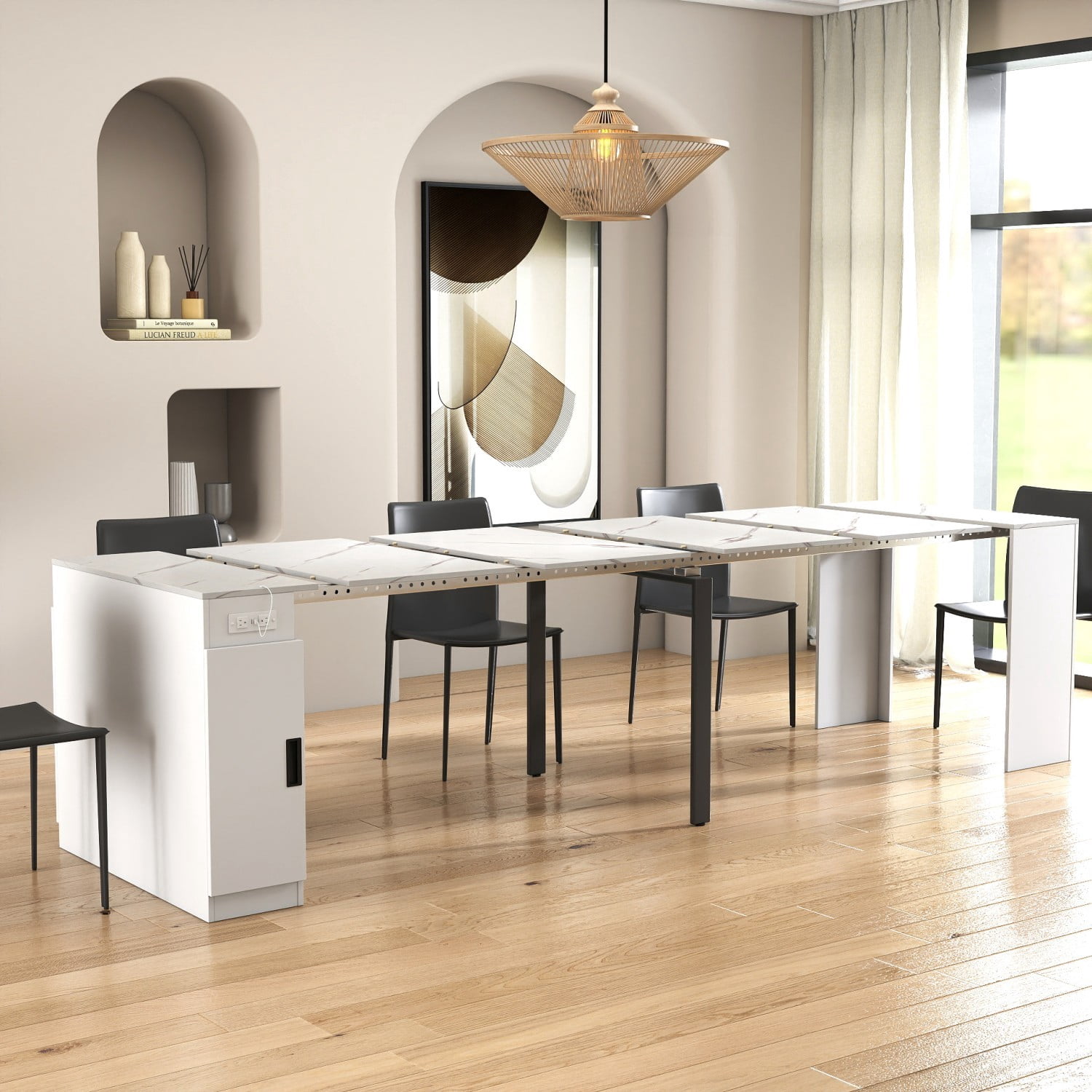 Multifunctional Extendable Console Table, 118.11" Large Expandable Dining Table with Storage Extension Design, Modern Wood Desk for Dining, Living, Home Office & Small Spaces, Cream
