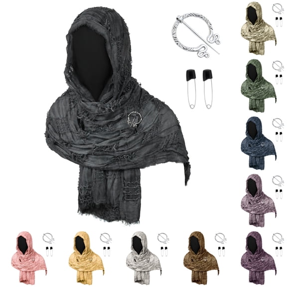 Frayed Renaissance Hooded Scarf, Frayed Medieval Hooded Scarf Cosplay Accessory, Crinkled Renaissance Warrior Head Wrap With Viking Pin Safety Pins for Halloween Larp Party, Black One Size