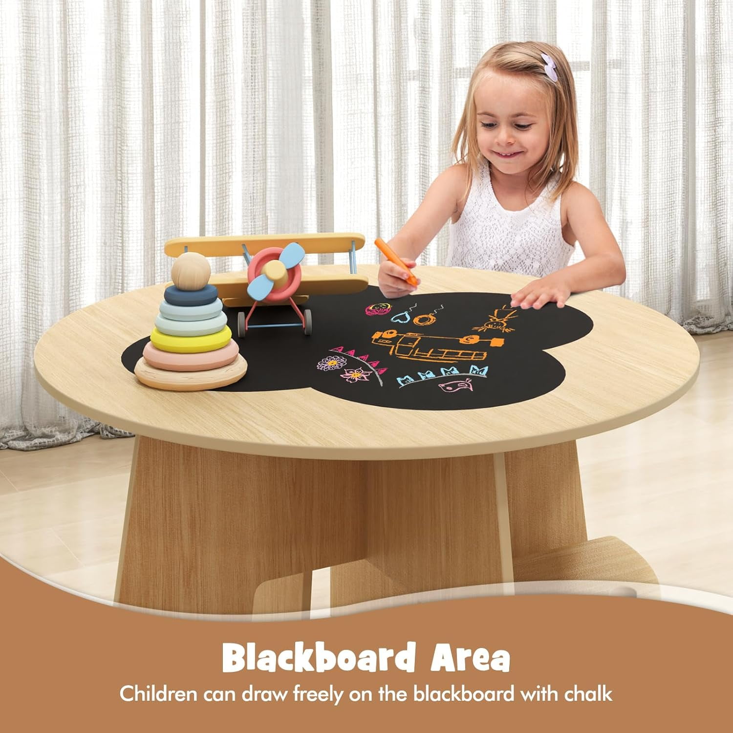 OLAKIDS Toddler Table and Chair Set with 4 Storage Stools, Wooden Flower Shaped Nesting Table with Blackboard Drawers, Children Multi-Activity Table for Art Crafts Draw Read Boys Girls 3+
