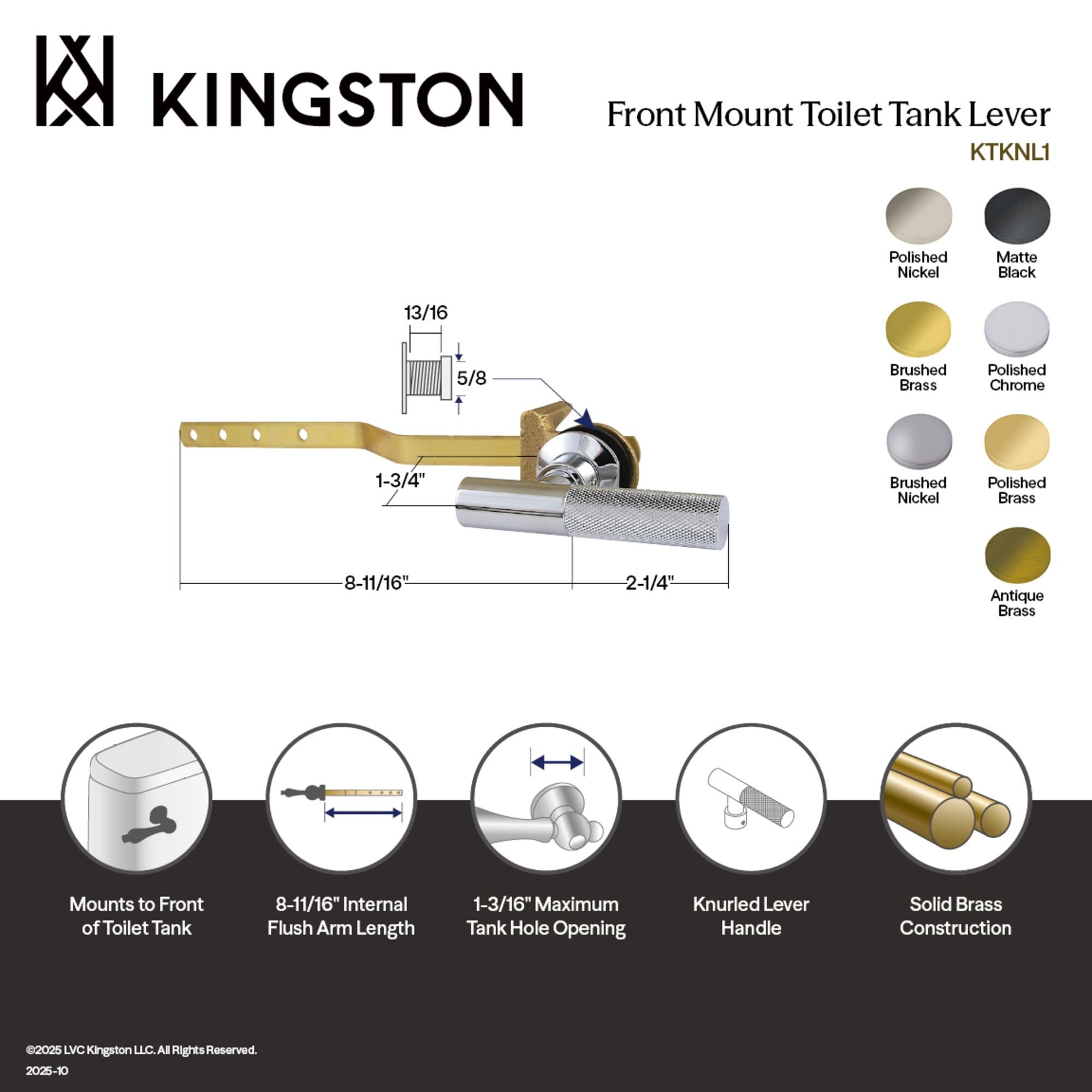 Kingston Brass KTKNL6 Convergent Front Mount Toilet Tank Lever with Knurled Handle in Polished Nickel