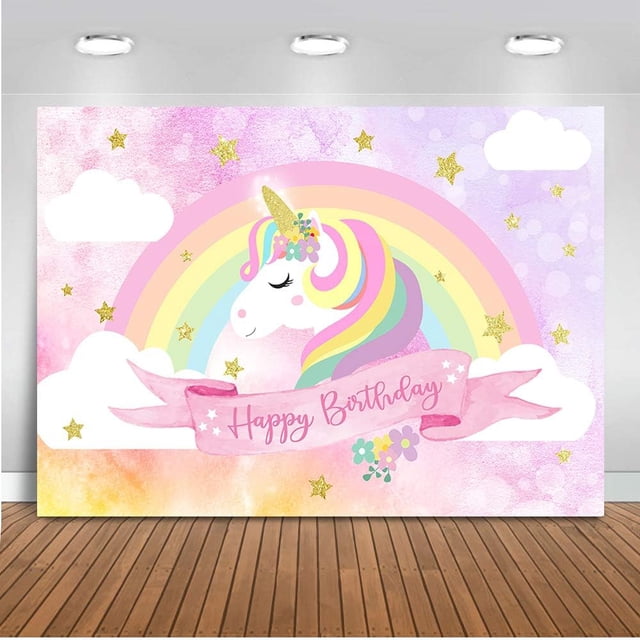 Fondo de cumpleaños de unicornio, fondo de fotografía de unicornio con nube de arcoíris rosa, fondo de fiesta de cumpleaños con temática de unicornio de algodón