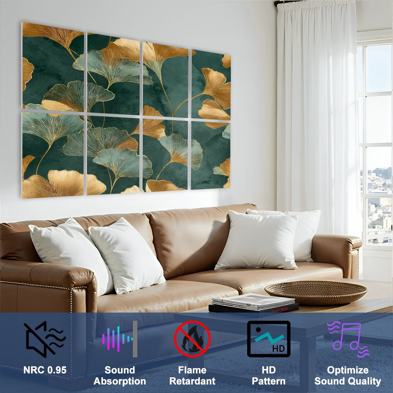 8 Pack Art Acoustic Panels Sound Absorbing Elegant Ginkgo Leaves Gold Decorative Soundproof Wall Panels Self Adhesive for Nursery Game Room Bedroom 48"x32"