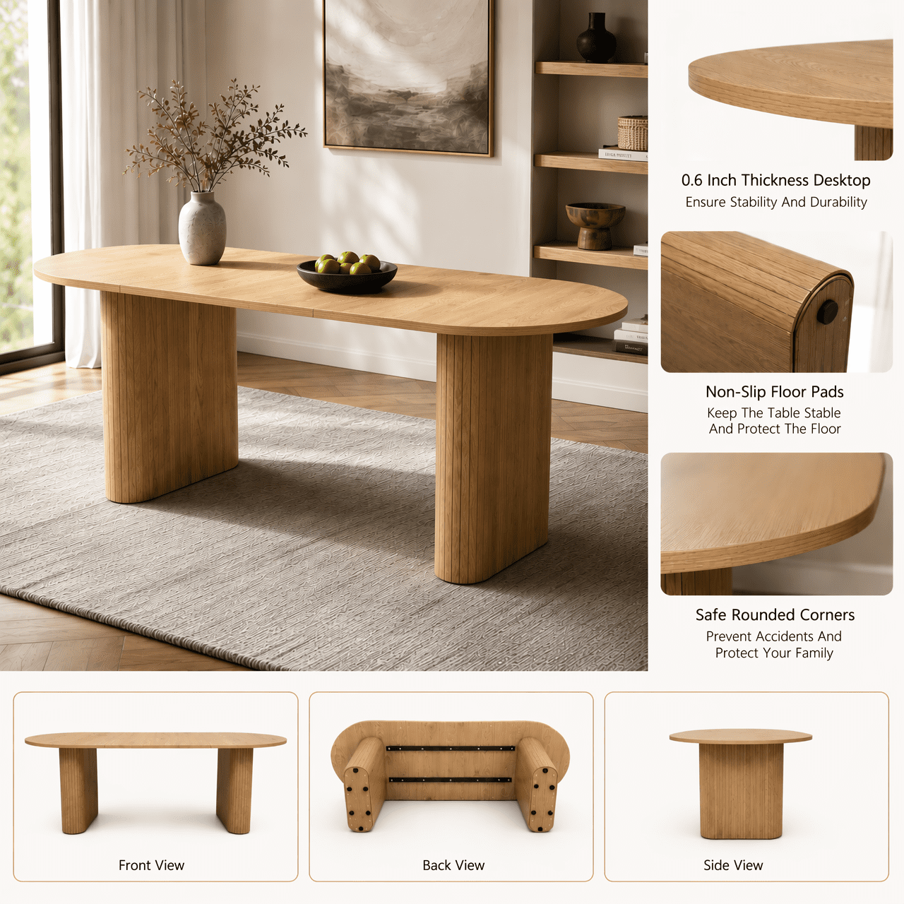 Oval Dining Table 70.87 Inch, Farmhouse Kitchen Table with Wood Strip Metal Base and Rounded Edges, Living Room and Reception Furniture, Beige and Light Natural