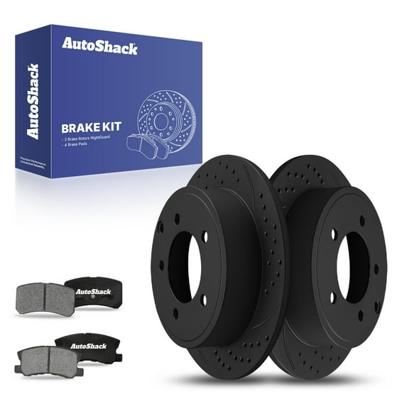 AutoShack 11.85" (301.1 mm) Rear Solid Drilled & Slotted Brake Rotors E-Coated   Ceramic Brake Pads | Replacement for 2010-2017 Jeep Patriot | Black Finish | 6-PC Brake Kit | NightGuard